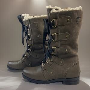SOREL Women's Size 6 Boots "Emelie" Lace Up Premium Waterproof Gray Shearling